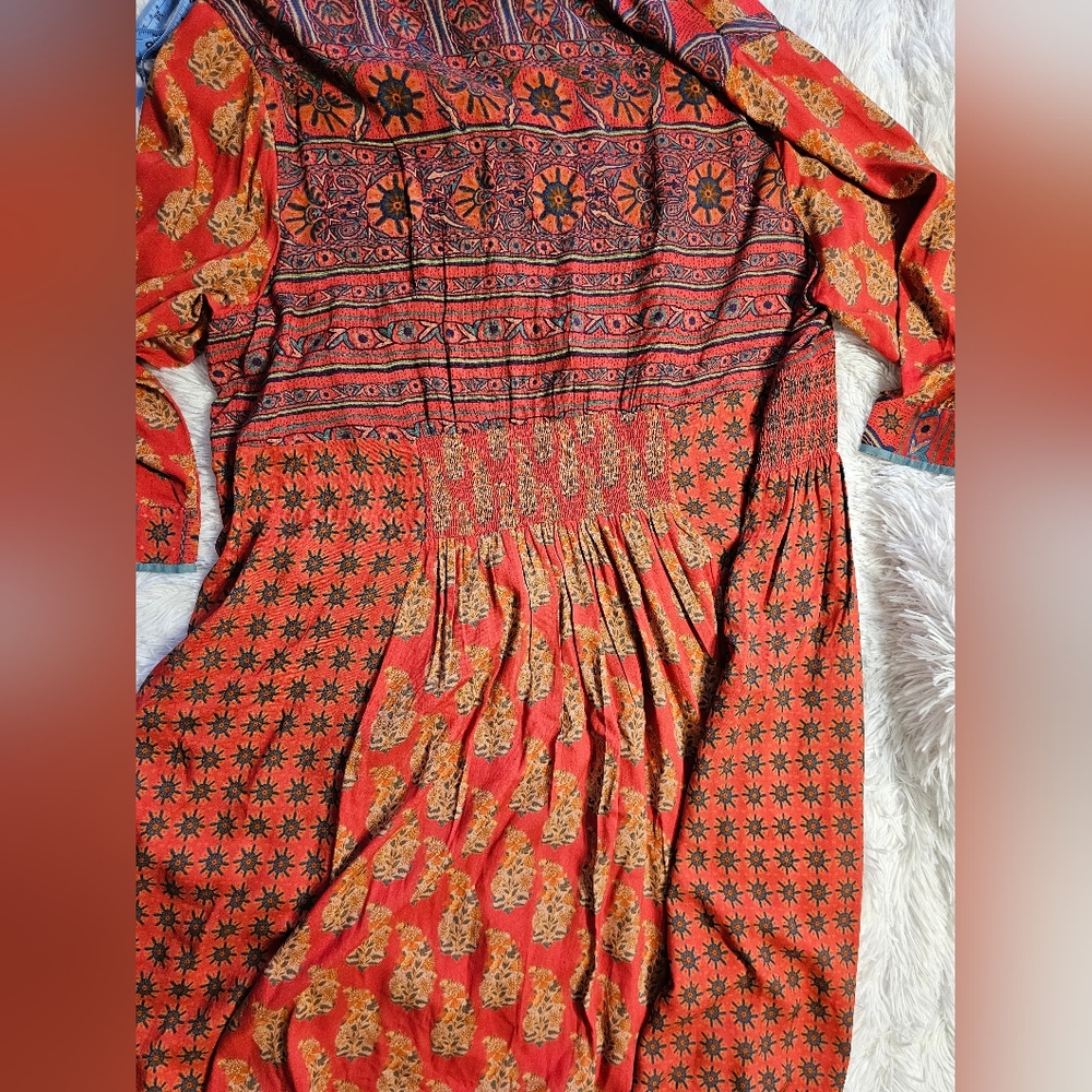 Soft Surroundings Red Paisley Midi Dress with Blue Trim - Picture 4 of 9